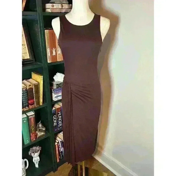 Halston Heritage Pleated Draped Sleeveless Midi Dress in Aubergine Women's 6 - Picture 1 of 4